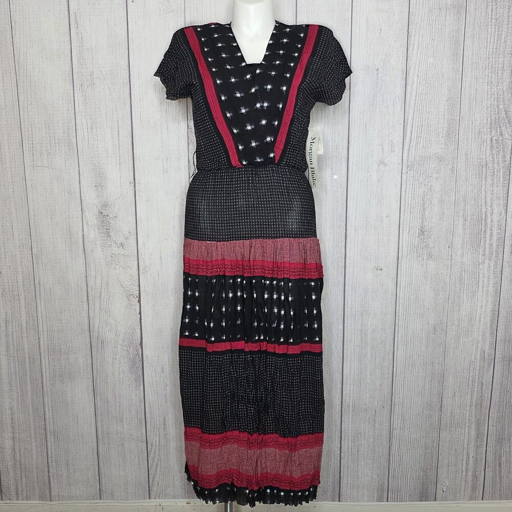 Vintage 80s Prairie Dress Black Red Rayon Tiered Midi Boho Cottagecore, sz 8